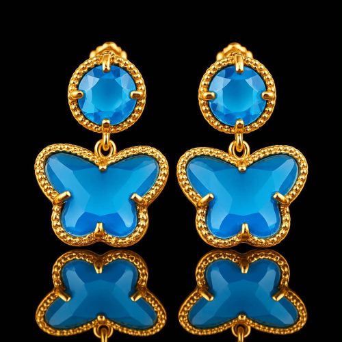 oorringen oorbellen in zilver geelgoud verguld Model Vlinder en Bol felblauwe steen