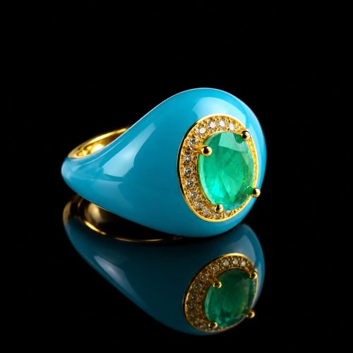 Ring in zilver geelgoud verguld met turkooise email en turkooise steen