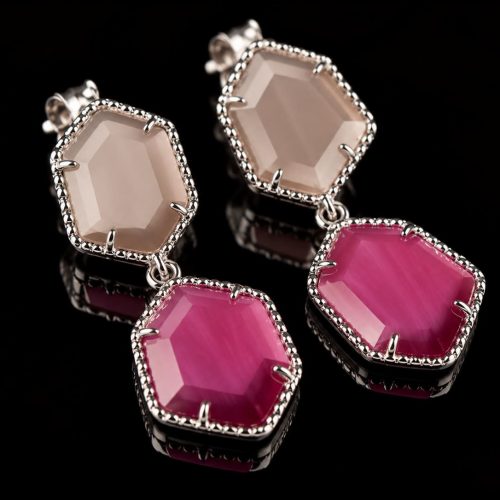 Zilveren oorringen oorbellen Model Hexagon met roze en bruine stenen