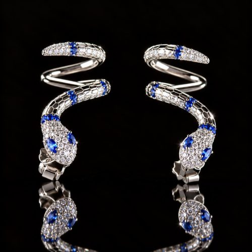 Oorringen oorbellen in zilver slangvorm met blauwe stenen