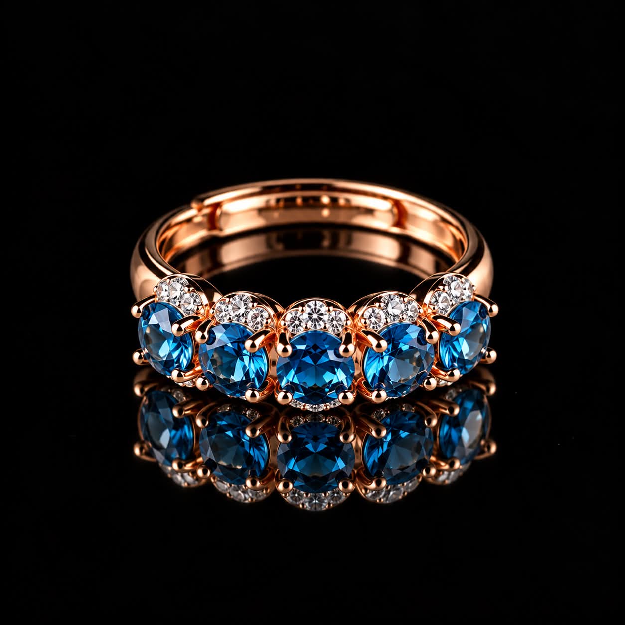 Ring in zilver roos goud verguld gezet met blauwe stenen en cubic zirconia