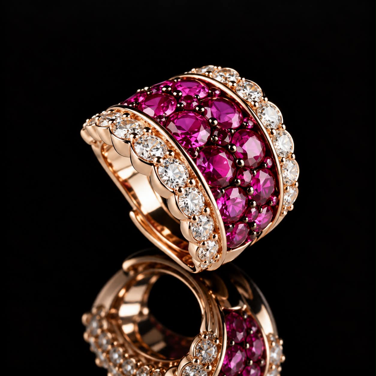 Zilveren ring roze goud verguld gezet met roze rode stenen en cubic zirconia