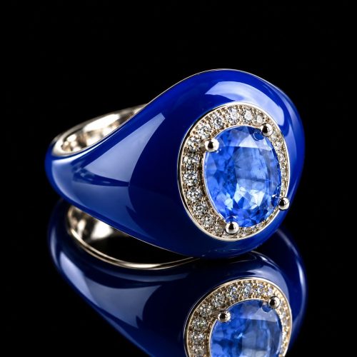 Ring in zilver met blauwe email en blauwe steen