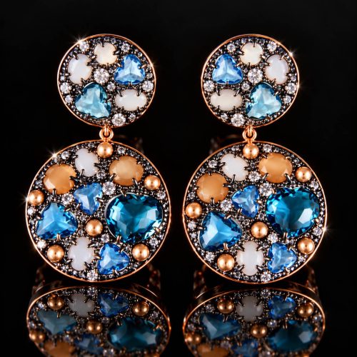 Oorringen Model Double Full Moon zilveren oorringen oorbellen fel blauwe en bruine stenen