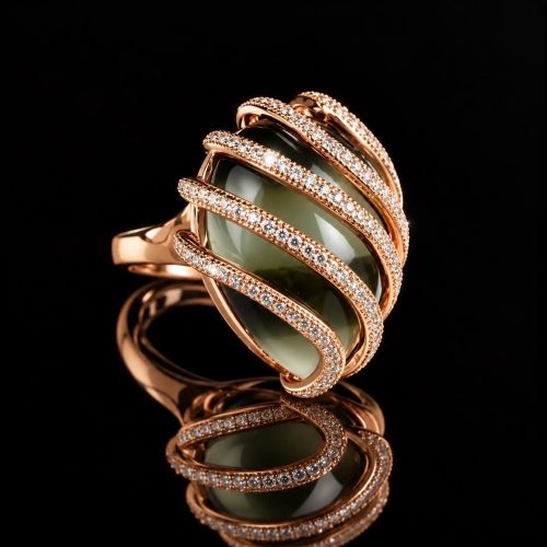 Zilveren ring Model Lines zilveren ring roos goud verguld gezet met grote grijze steen en cubic zirconia