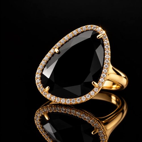 ring in zilver roze verguld model druppel gezet zwarte steen