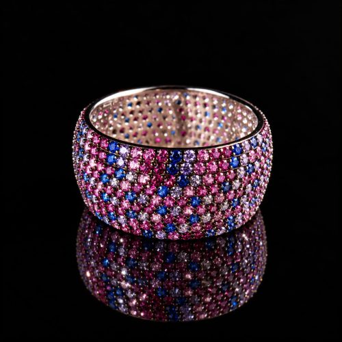 Brede zilveren ring multicolor rode, roze, blauwe en witte cubic zirconia