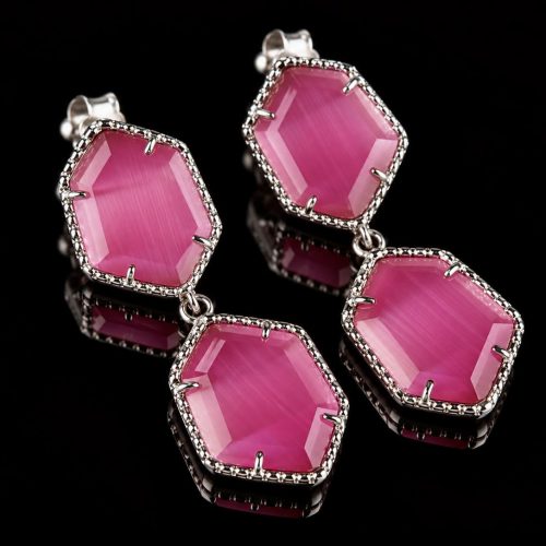 Zilveren oorringen oorbellen Model Hexagon met roze stenen
