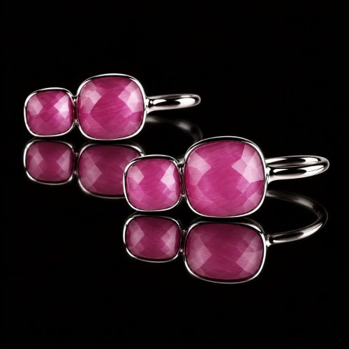 Zilveren oorringen oorbellen dubbele steen fushia roze