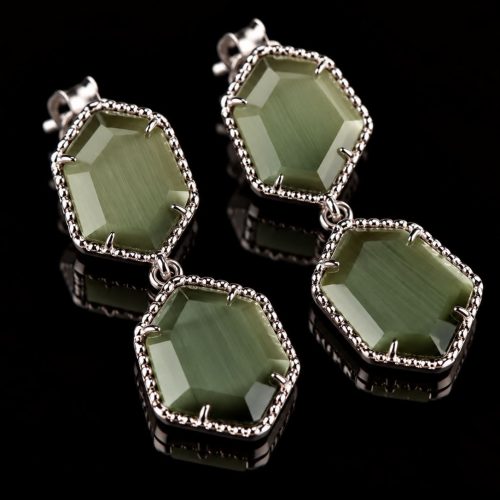 Zilveren oorringen oorbellen Model Hexagon met grijs groene stenen