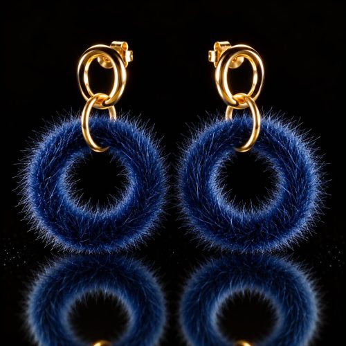 Oorringen Model Cirkel Fur goudkleurig met blauwe pels cirkel