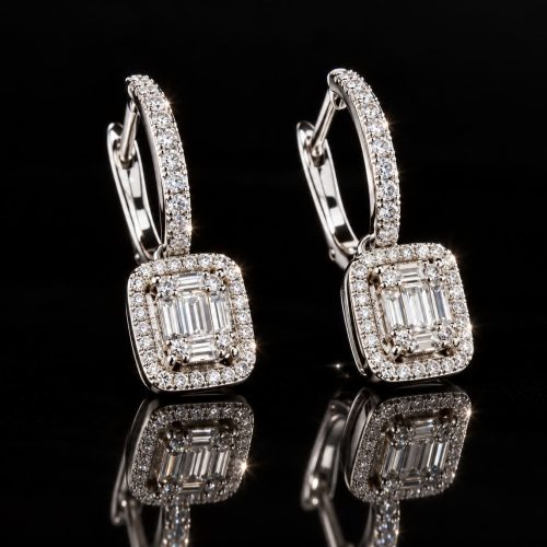 Wit gouden oorringen oorbellen gezet met diamant en diamant bagetten