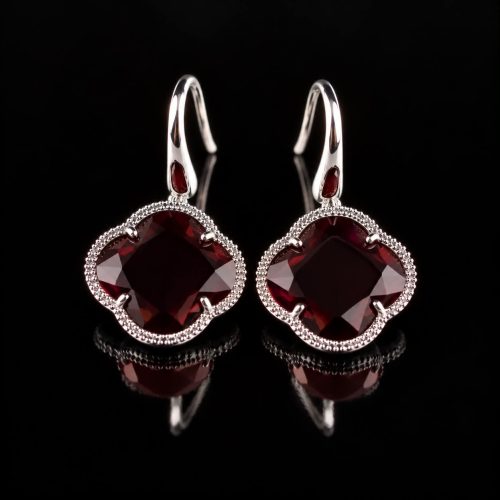 Zilveren oorringen oorbellen model Fiori klaver bordeaux rood