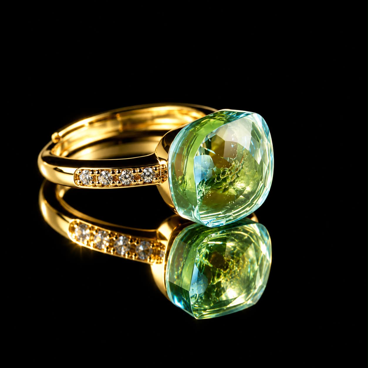 Zilveren ring geelgoud verguld model pomellato licht blauwe steen en cubic zirconia