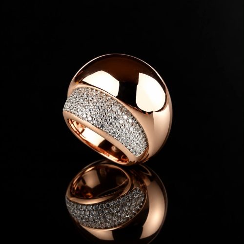 Brede zilveren ring roze goud verguld gezet met cubic zirkonia