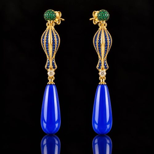Zilveren oorringen oorbellen geel goud verguld Model Blue Parrot papegaai en blauwe steen